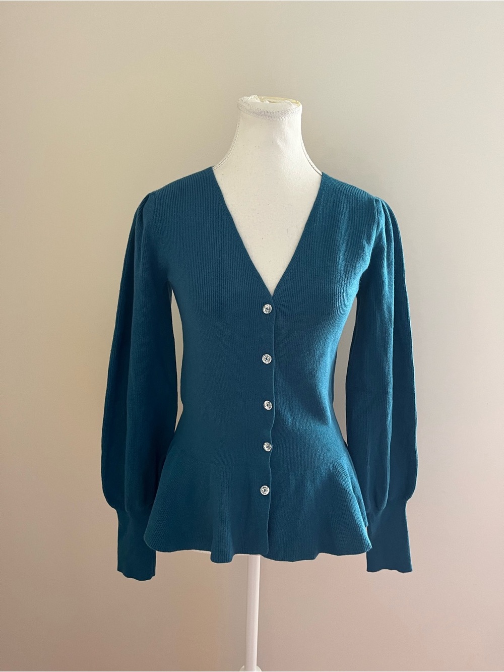 Women's Teal V-Neck Button Front Peplum Sweater